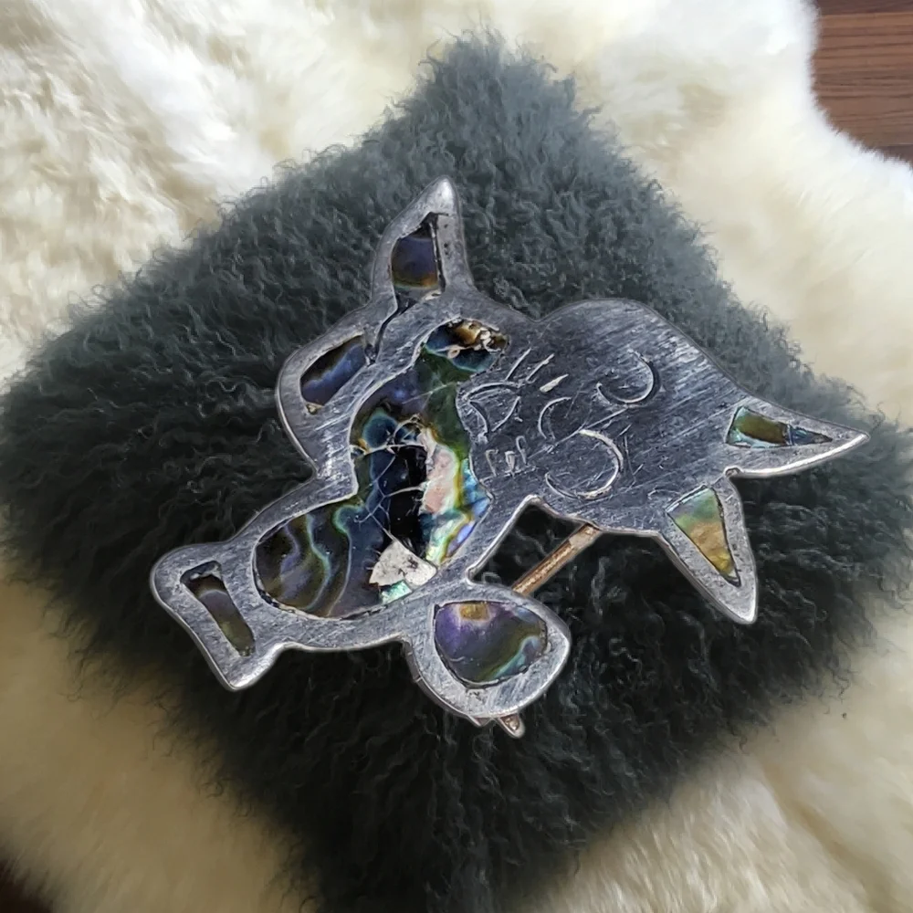 Rabbit Sterling Silver Brooch with Abalon Accents